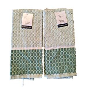 Siena Sage Green 2-Piece Kitchen Towels Cotton Contrasting Light Dark Border NEW